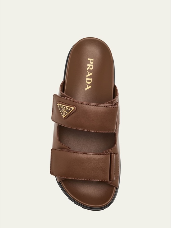 Prada Shoes - Women’s Luxury Prada Brown Leather Dual-Strap Slide Sandal with Gold Logo